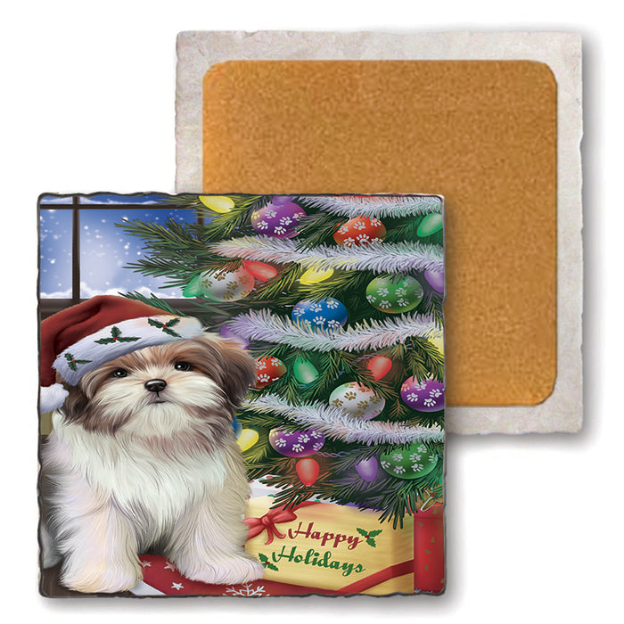 Christmas Happy Holidays Malti Tzu Dog with Tree and Presents Set of 4 Natural Stone Marble Tile Coasters MCST48469
