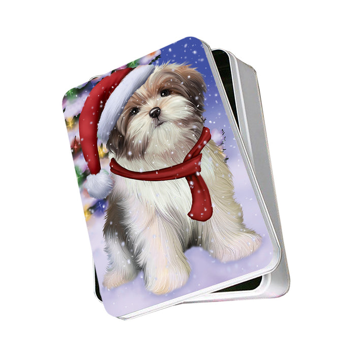 Winterland Wonderland Malti Tzu Dog In Christmas Holiday Scenic Background Photo Storage Tin PITN53716