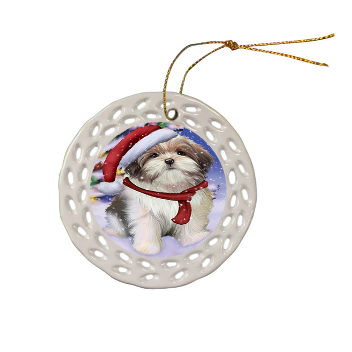 Winterland Wonderland Malti Tzu Dog In Christmas Holiday Scenic Background Ceramic Doily Ornament DPOR53773