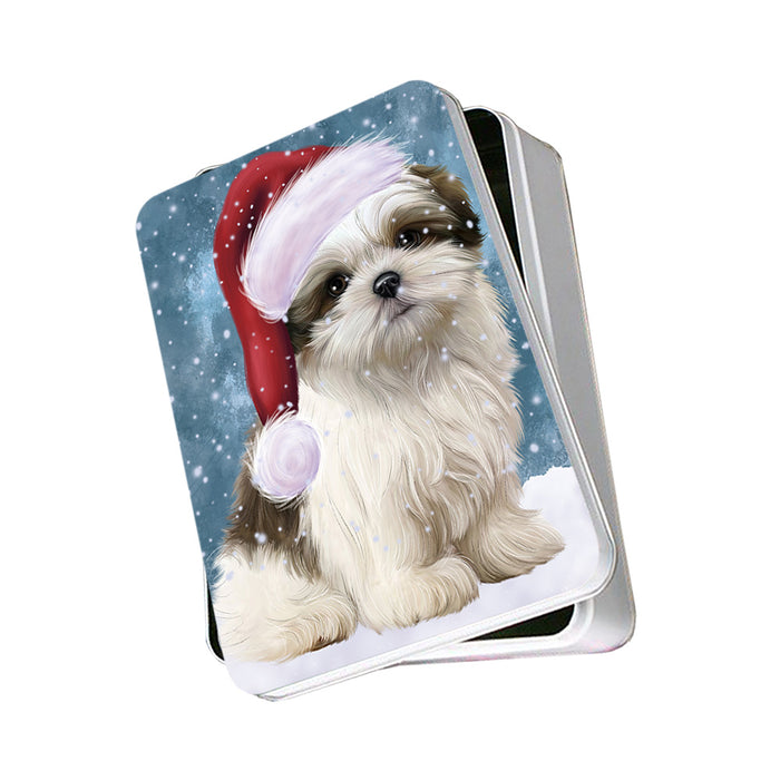 Let it Snow Christmas Holiday Malti Tzu Dog Wearing Santa Hat Photo Storage Tin PITN54258