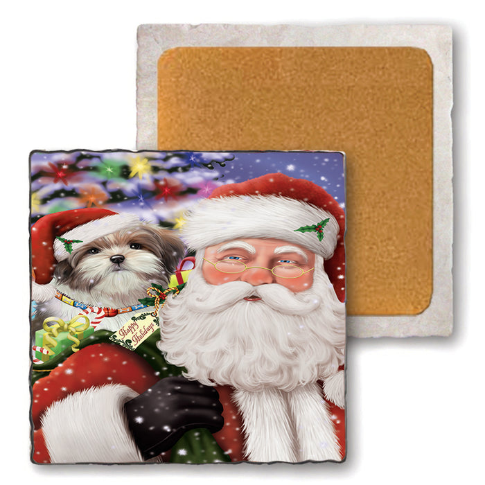 Santa Carrying Malti Tzu Dog and Christmas Presents Set of 4 Natural Stone Marble Tile Coasters MCST48700
