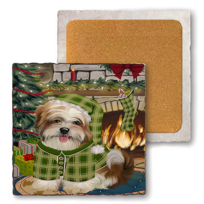 The Stocking was Hung Malti Tzu Dog Set of 4 Natural Stone Marble Tile Coasters MCST50367
