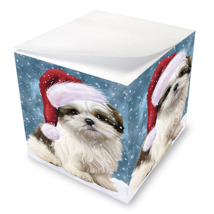 Let it Snow Christmas Holiday Malti Tzu Dog Wearing Santa Hat Note Cube NOC55961