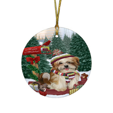 Merry Christmas Woodland Sled Malti Tzu Dog Round Flat Christmas Ornament RFPOR55333