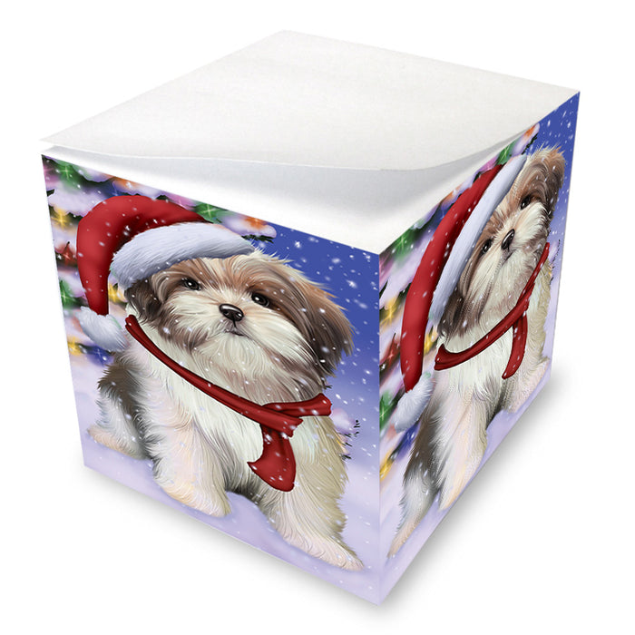 Winterland Wonderland Malti Tzu Dog In Christmas Holiday Scenic Background Note Cube NOC55419