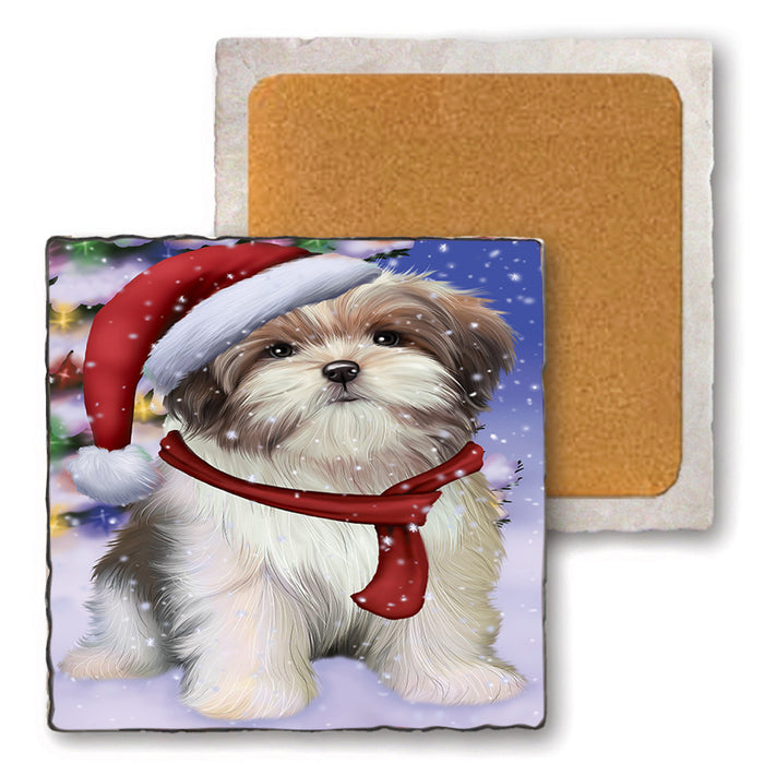 Winterland Wonderland Malti Tzu Dog In Christmas Holiday Scenic Background Set of 4 Natural Stone Marble Tile Coasters MCST48773
