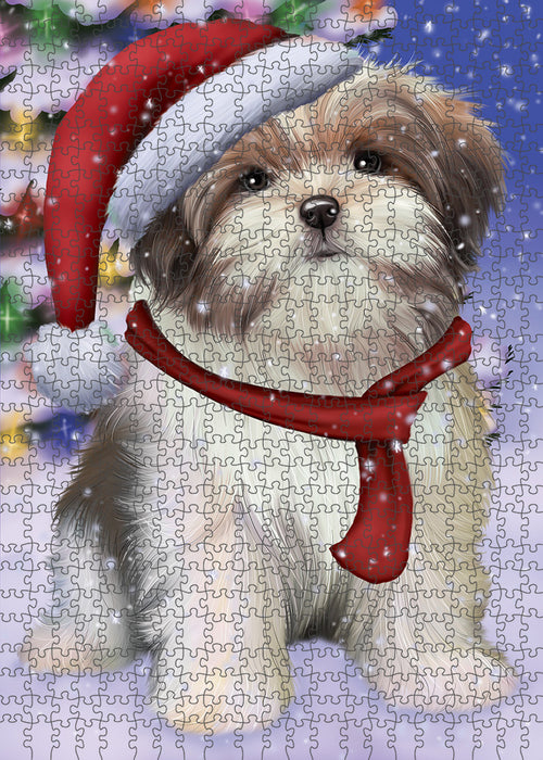 Winterland Wonderland Malti Tzu Dog In Christmas Holiday Scenic Background Puzzle with Photo Tin PUZL82248