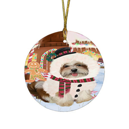 Christmas Gingerbread House Candyfest Malti Tzu Dog Round Flat Christmas Ornament RFPOR56813