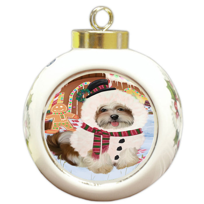 Christmas Gingerbread House Candyfest Malti Tzu Dog Round Ball Christmas Ornament RBPOR56813