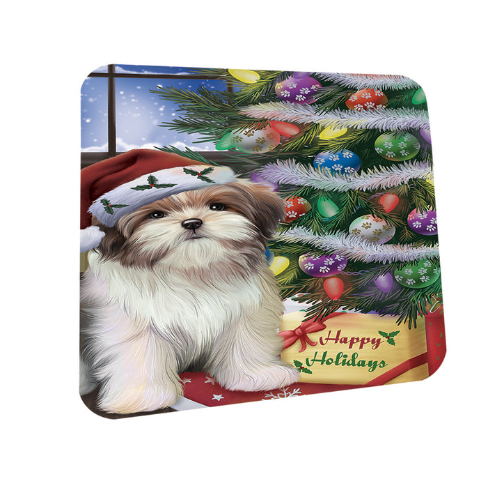 Christmas Happy Holidays Malti Tzu Dog with Tree and Presents Coasters Set of 4 CST53427