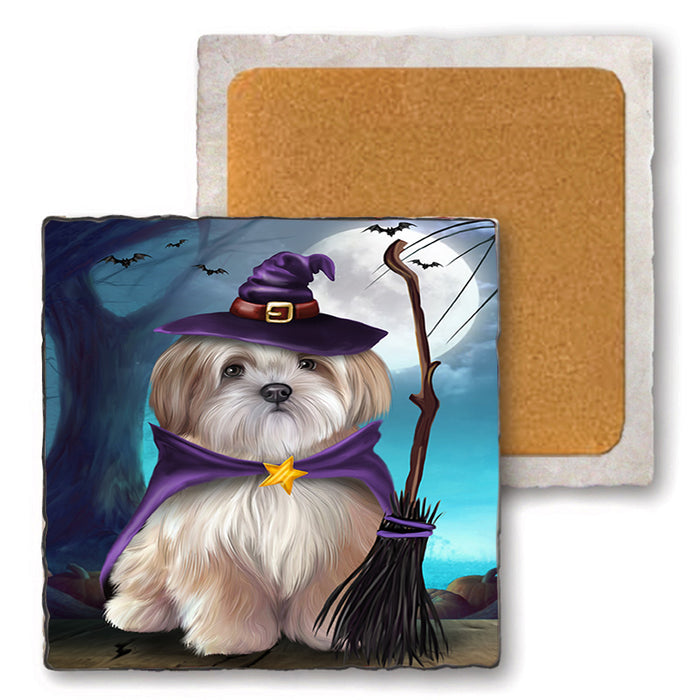 Happy Halloween Trick or Treat Malti Tzu Dog Set of 4 Natural Stone Marble Tile Coasters MCST49511