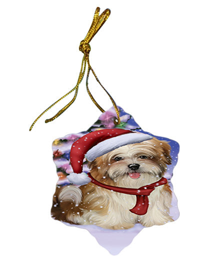 Winterland Wonderland Malti Tzu Dog In Christmas Holiday Scenic Background Star Porcelain Ornament SPOR53765