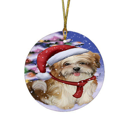 Winterland Wonderland Malti Tzu Dog In Christmas Holiday Scenic Background Round Flat Christmas Ornament RFPOR53765