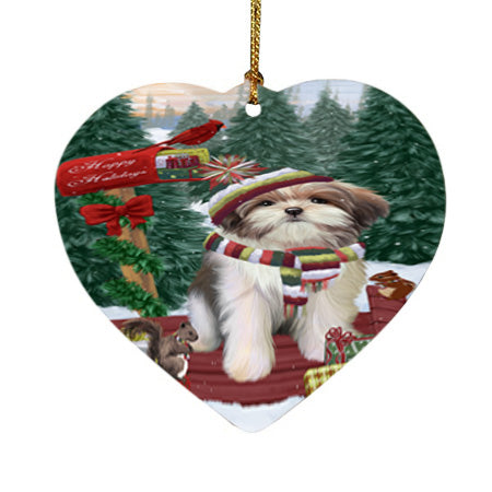 Merry Christmas Woodland Sled Malti Tzu Dog Heart Christmas Ornament HPOR55334
