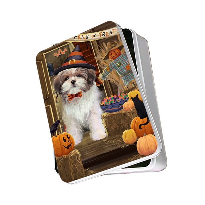 Enter at Own Risk Trick or Treat Halloween Malti Tzu Dog Photo Storage Tin PITN53198