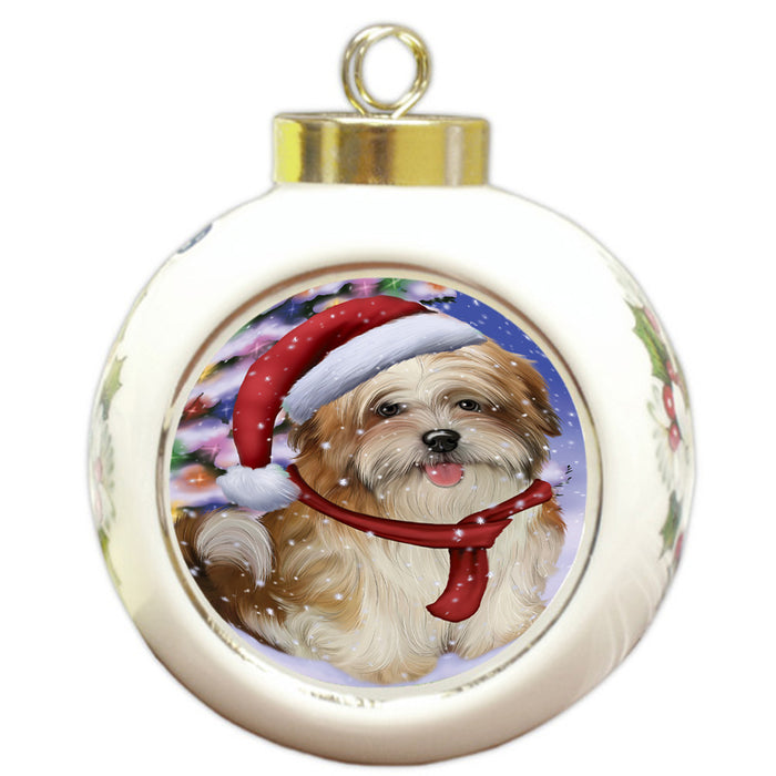 Winterland Wonderland Malti Tzu Dog In Christmas Holiday Scenic Background Round Ball Christmas Ornament RBPOR53774