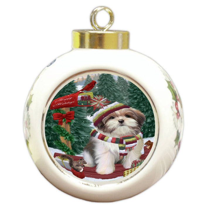 Merry Christmas Woodland Sled Malti Tzu Dog Round Ball Christmas Ornament RBPOR55334