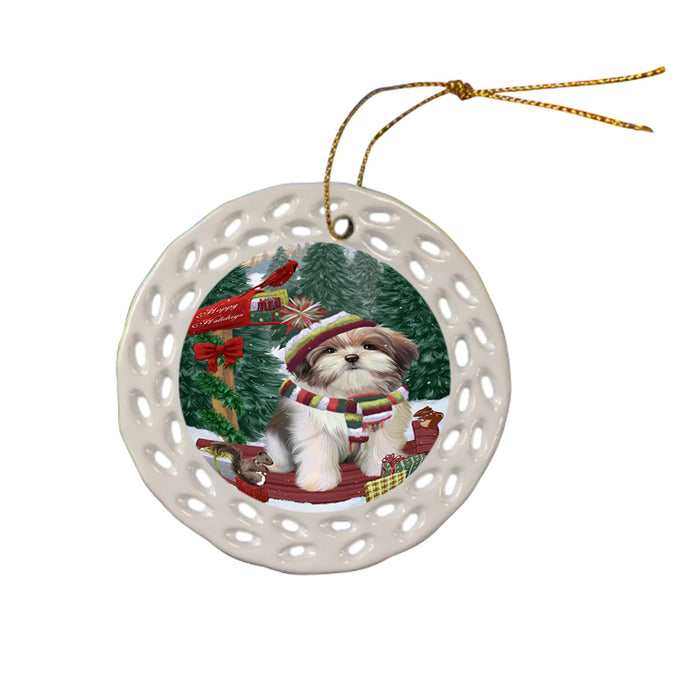Merry Christmas Woodland Sled Malti Tzu Dog Ceramic Doily Ornament DPOR55334