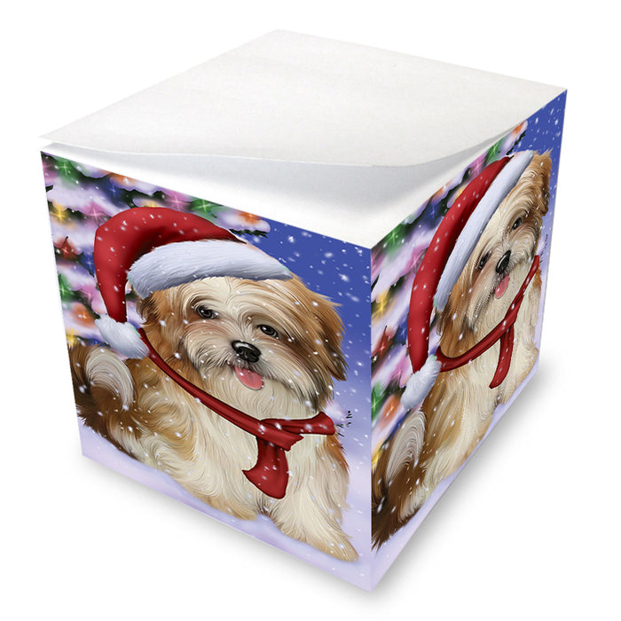 Winterland Wonderland Malti Tzu Dog In Christmas Holiday Scenic Background Note Cube NOC55420