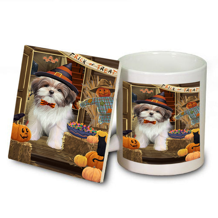 Enter at Own Risk Trick or Treat Halloween Malti Tzu Dog Mug and Coaster Set MUC53190