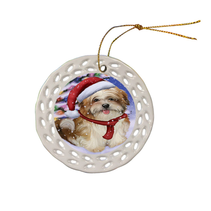 Winterland Wonderland Malti Tzu Dog In Christmas Holiday Scenic Background Ceramic Doily Ornament DPOR53774