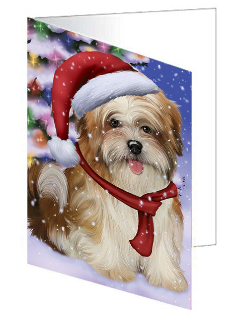 Winterland Wonderland Malti Tzu Dog In Christmas Holiday Scenic Background Handmade Artwork Assorted Pets Greeting Cards and Note Cards with Envelopes for All Occasions and Holiday Seasons GCD65351