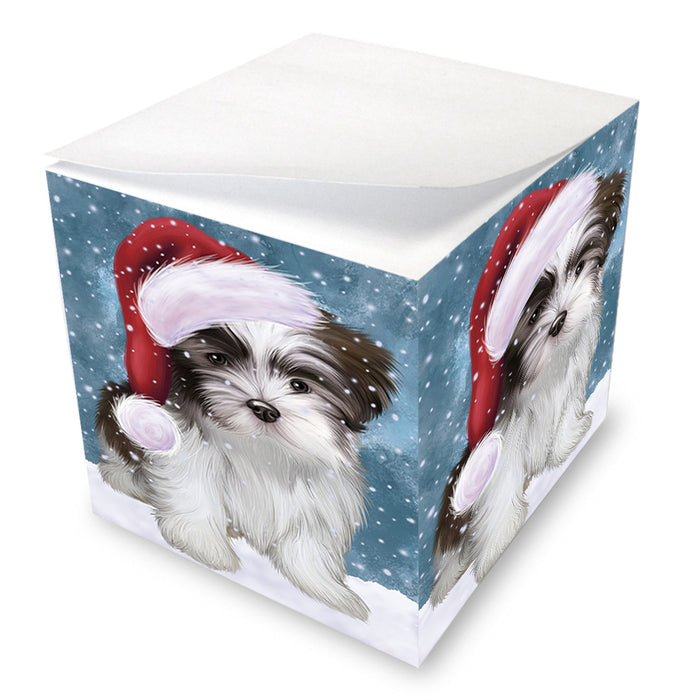 Let it Snow Christmas Holiday Malti Tzu Dog Wearing Santa Hat Note Cube NOC55963