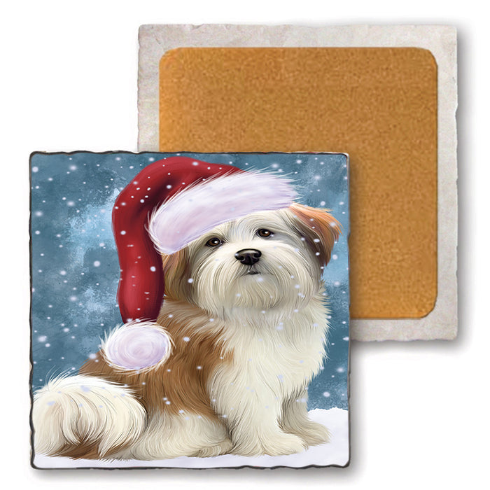Let it Snow Christmas Holiday Malti Tzu Dog Wearing Santa Hat Set of 4 Natural Stone Marble Tile Coasters MCST49318