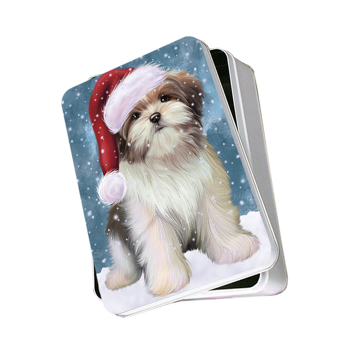 Let it Snow Christmas Holiday Malti Tzu Dog Wearing Santa Hat Photo Storage Tin PITN54262
