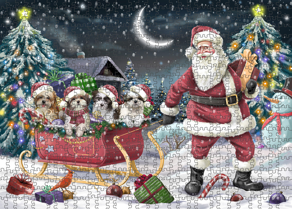 Santa Sled Dogs Christmas Happy Holidays Malti Tzus Dog Puzzle with Photo Tin PUZL59256