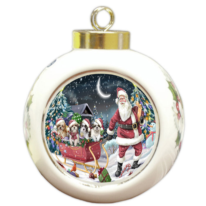 Santa Sled Dogs Christmas Happy Holidays Malti Tzus Dog Round Ball Christmas Ornament RBPOR51723