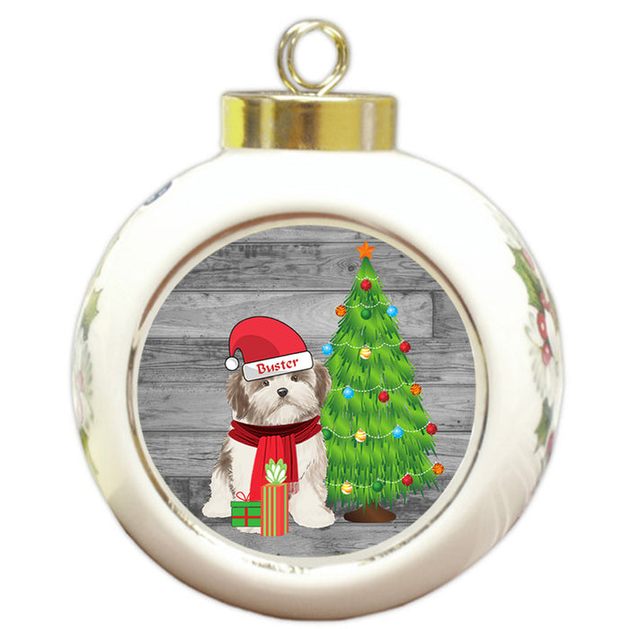 Custom Personalized Malti Tzu Dog With Tree and Presents Christmas Round Ball Ornament