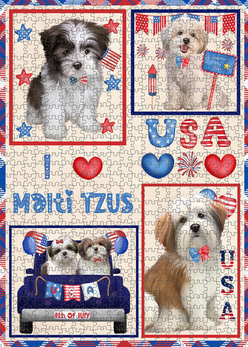 4th of July Independence Day I Love USA Malti Tzu Dogs Portrait Jigsaw Puzzle for Adults Animal Interlocking Puzzle Game Unique Gift for Dog Lover's with Metal Tin Box