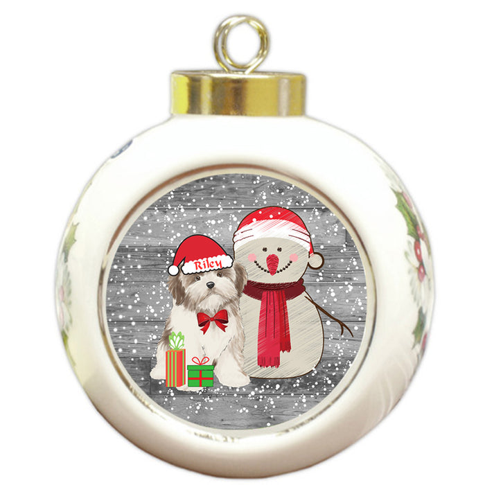 Custom Personalized Snowy Snowman and Malti Tzu Dog Christmas Round Ball Ornament