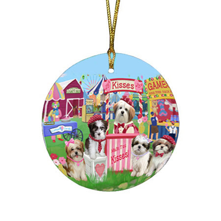Carnival Kissing Booth Malti Tzus Dog Round Flat Christmas Ornament RFPOR56264