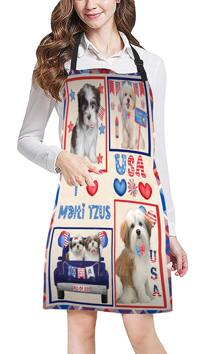 4th of July Independence Day I Love USA Malti Tzu Dogs Apron - Adjustable Long Neck Bib for Adults - Waterproof Polyester Fabric With 2 Pockets - Chef Apron for Cooking, Dish Washing, Gardening, and Pet Grooming