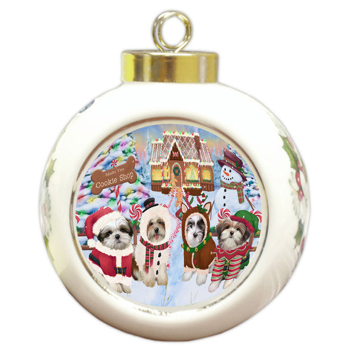 Holiday Gingerbread Cookie Shop Malti Tzus Dog Round Ball Christmas Ornament RBPOR56860