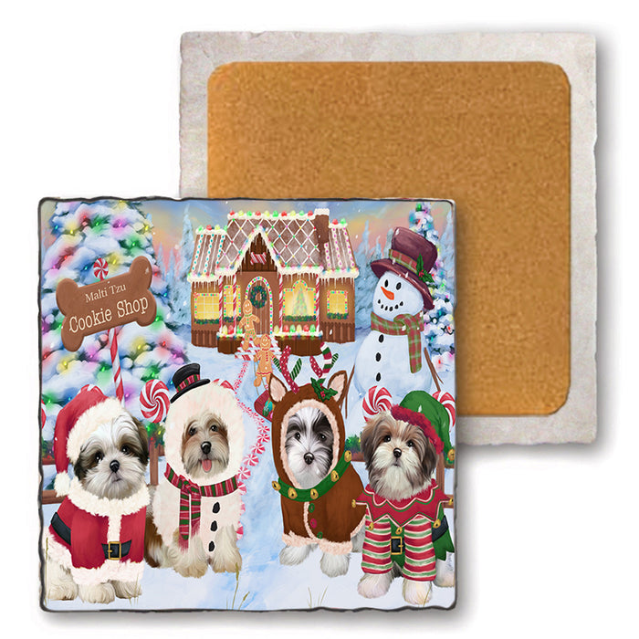 Holiday Gingerbread Cookie Shop Malti Tzus Dog Set of 4 Natural Stone Marble Tile Coasters MCST51504