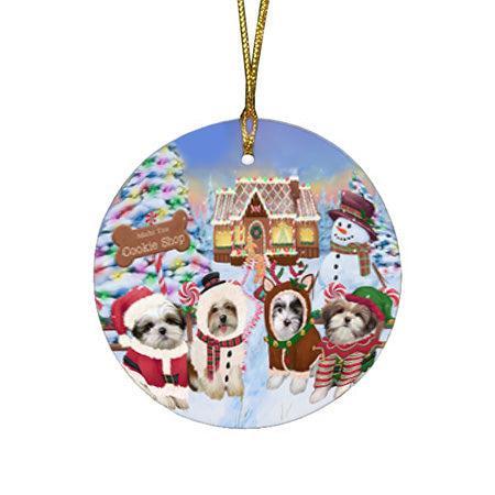Holiday Gingerbread Cookie Shop Malti Tzus Dog Round Flat Christmas Ornament RFPOR56860