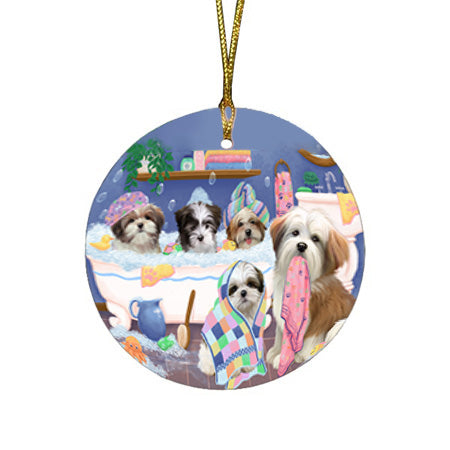 Rub A Dub Dogs In A Tub Malti Tzus Dog Round Flat Christmas Ornament RFPOR57159