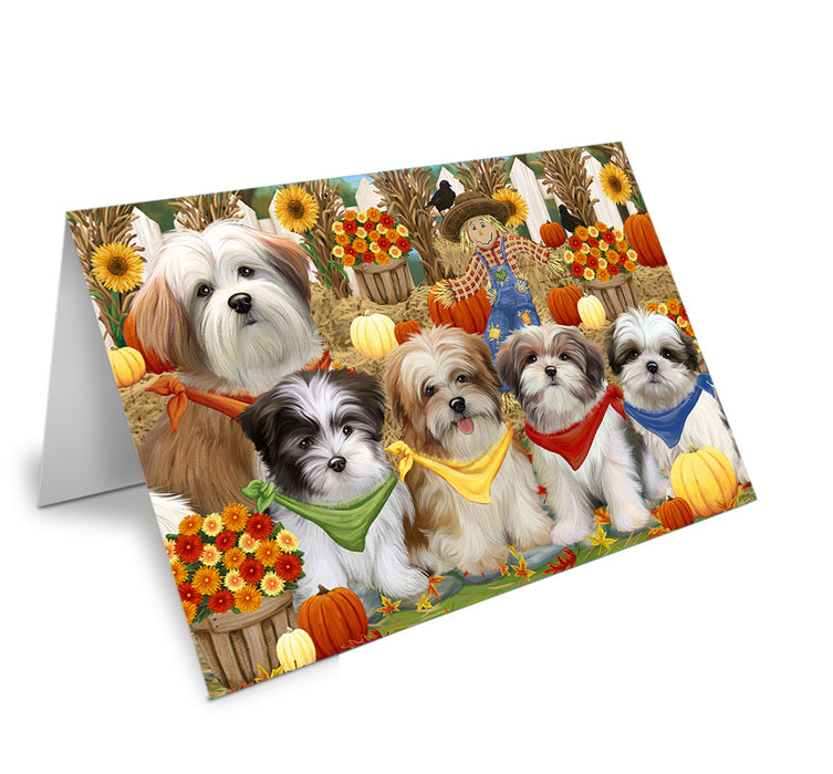Fall Festive Gathering Malti Tzus Dog with Pumpkins Handmade Artwork Assorted Pets Greeting Cards and Note Cards with Envelopes for All Occasions and Holiday Seasons GCD55985