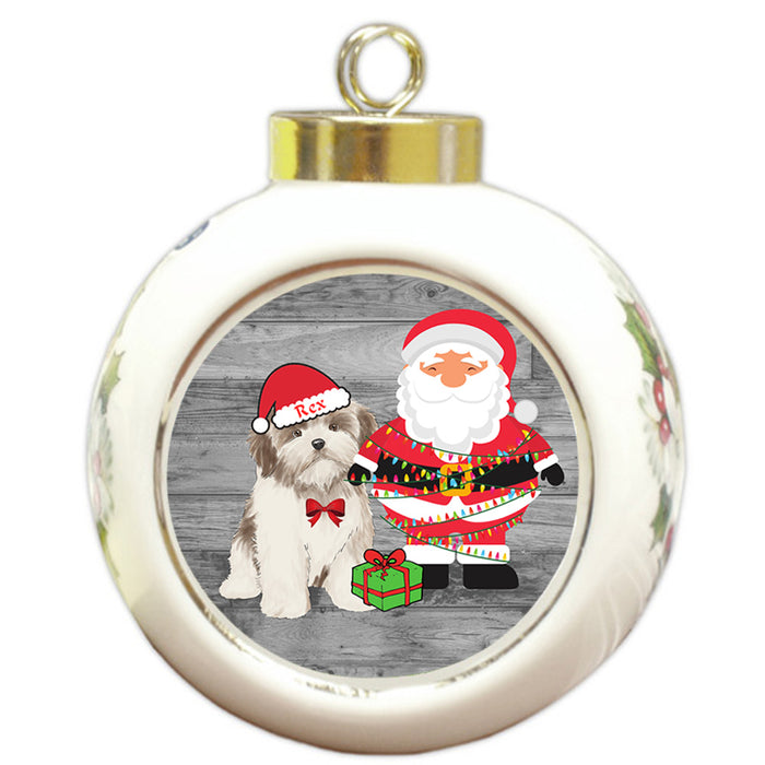 Custom Personalized Malti Tzu Dog With Santa Wrapped in Light Christmas Round Ball Ornament