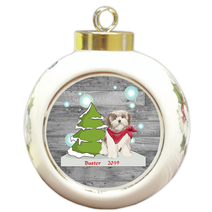 Custom Personalized Winter Scenic Tree and Presents Malti Tzu Dog Christmas Round Ball Ornament