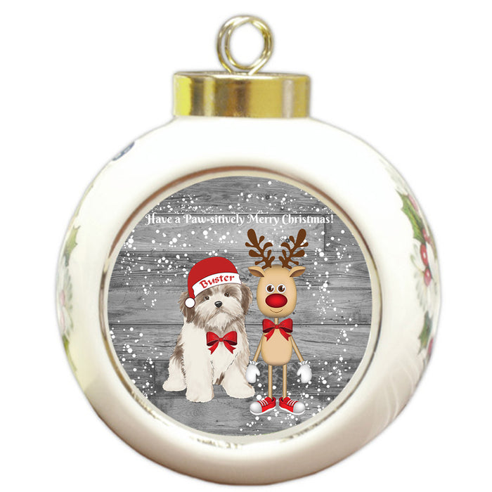 Custom Personalized Malti Tzu Dog Reindeer and Pooch Christmas Round Ball Ornament