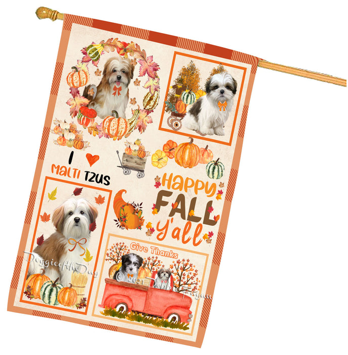 Happy Fall Y'all Pumpkin Malti Tzu Dogs House Flag Outdoor Decorative Double Sided Pet Portrait Weather Resistant Premium Quality Animal Printed Home Decorative Flags 100% Polyester