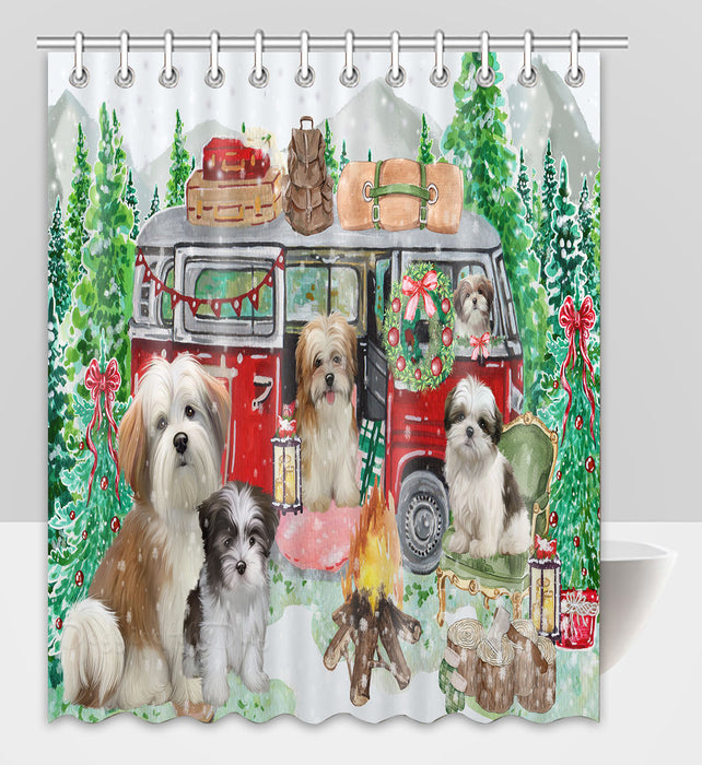 Christmas Time Camping with Malti Tzu Dogs Shower Curtain Pet Painting Bathtub Curtain Waterproof Polyester One-Side Printing Decor Bath Tub Curtain for Bathroom with Hooks