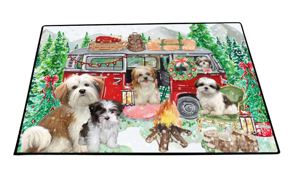 Christmas Time Camping with Malti Tzu Dogs Floor Mat- Anti-Slip Pet Door Mat Indoor Outdoor Front Rug Mats for Home Outside Entrance Pets Portrait Unique Rug Washable Premium Quality Mat