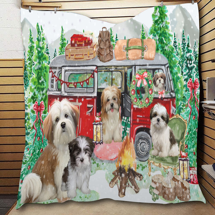 Christmas Time Camping with Malti Tzu Dogs  Quilt Bed Coverlet Bedspread - Pets Comforter Unique One-side Animal Printing - Soft Lightweight Durable Washable Polyester Quilt