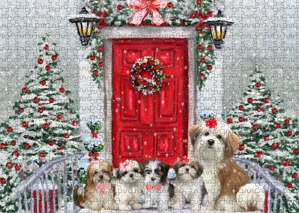 Christmas Holiday Welcome Malti Tzu Dogs Portrait Jigsaw Puzzle for Adults Animal Interlocking Puzzle Game Unique Gift for Dog Lover's with Metal Tin Box