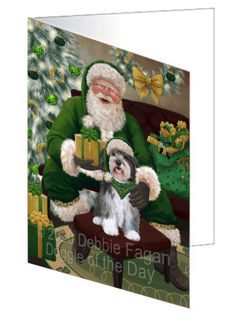 Christmas Irish Santa with Gift and Malti Tzu Dog Handmade Artwork Assorted Pets Greeting Cards and Note Cards with Envelopes for All Occasions and Holiday Seasons GCD75896